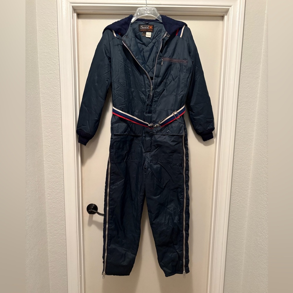 Vintage Sears Sports Center Navy Blue with Stripes Ski Winter Snow Suit
